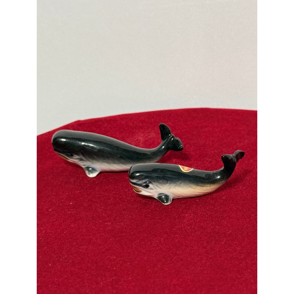 Vintage Bone China Japan Sperm Whale Miniature Figurines Pair Nautical Decor